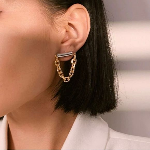 GOLD & SILVER PLATED STAINLESS STEEL GEOMETRIC CHAIN DANGLE DROP INDUSTRIAL EAR - Picture 12 of 14